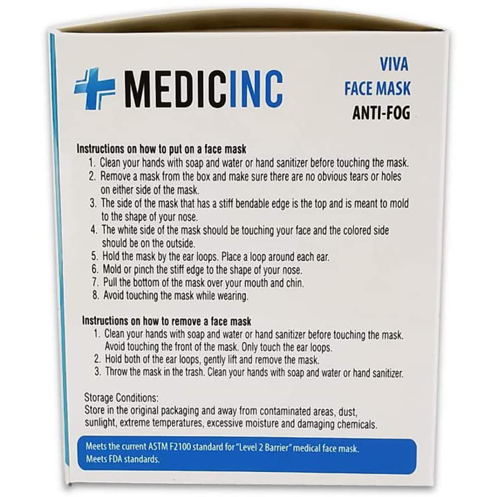 MEDICINC® Niveau 2 - Masques de procédure anti-buée avec attaches auriculaire 4 plis (50) Bleu