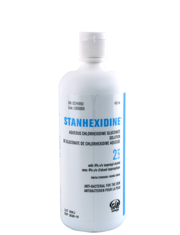 OMEGA® Nettoyant antibactérien Stanhexidine aqueu 2% avec 4% ALCOOL ISO FLIP CAP (Bleu) 450 ml