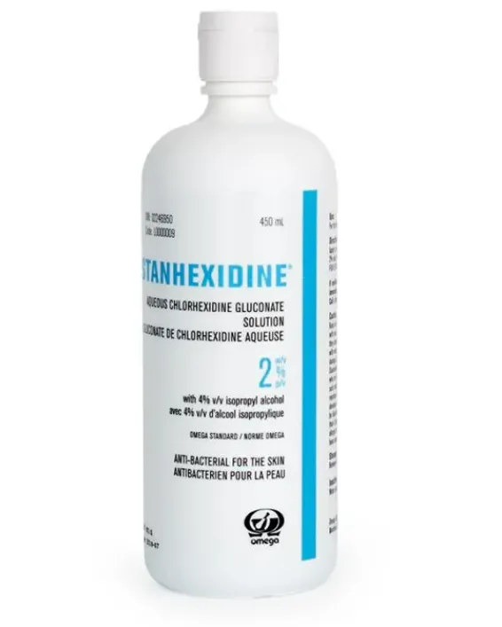 OMEGA® STANHEXIDINE® Anti-bacterial cleaner Stanhexidine aqueous 2% with 4% ALCOHOL ISO FLIP CAP (Blue) 450 ml
