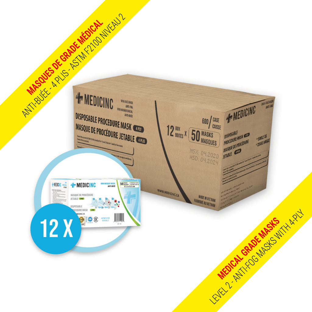 MEDICINC® Level 2 - Anti-fog Disposable Masks with 4-ply (Blue) 12 boxes of 50 pcs