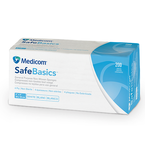 MASTER MEDICOM SafeBasics® Compresses non-tissées tout usage - 4 épaisseurs - 4" x 4" (200) Blanc