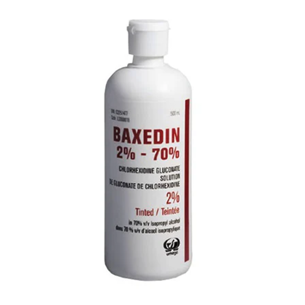 [410325] OMEGA® BAXEDIN® Solution de gluconate de chlorhexidine 2% dans 70% v/v d'alcool isopropylique (Bouteille rouge) Teintée - 500ml