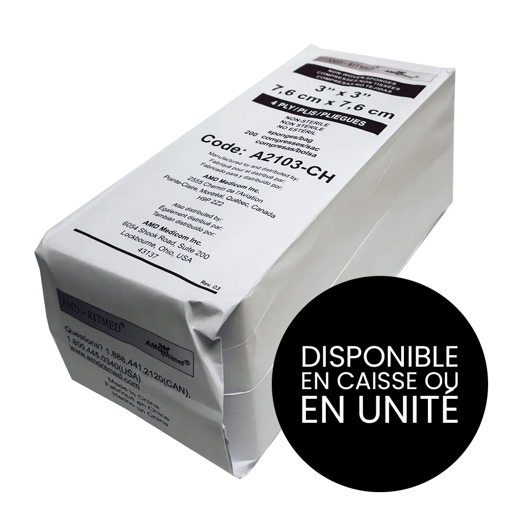 [A2103-CH-1] AMD Ritmed® Compresses non-tissées tout usage - 4 épaisseurs 3" x 3" (200) - Blanc (1)
