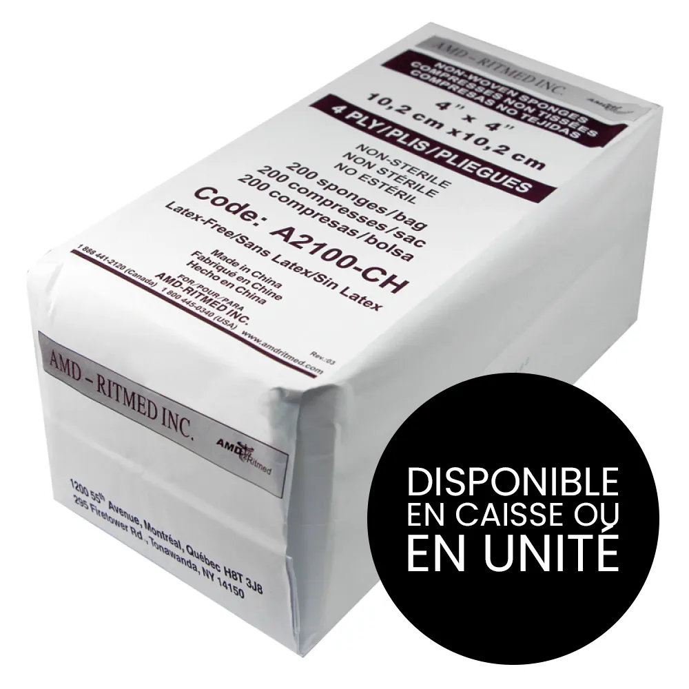 [A2100-CH-1] AMD Ritmed® Compresses non-tissées tout usage - 4 épaisseurs 4" x 4" (200) - Blanc (1)