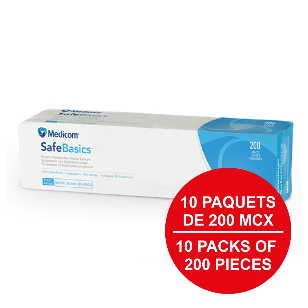 MEDICOM SafeBasics® Compresses non-tissées tout usage - 4 épaisseurs 4" x 4" - Blanc
