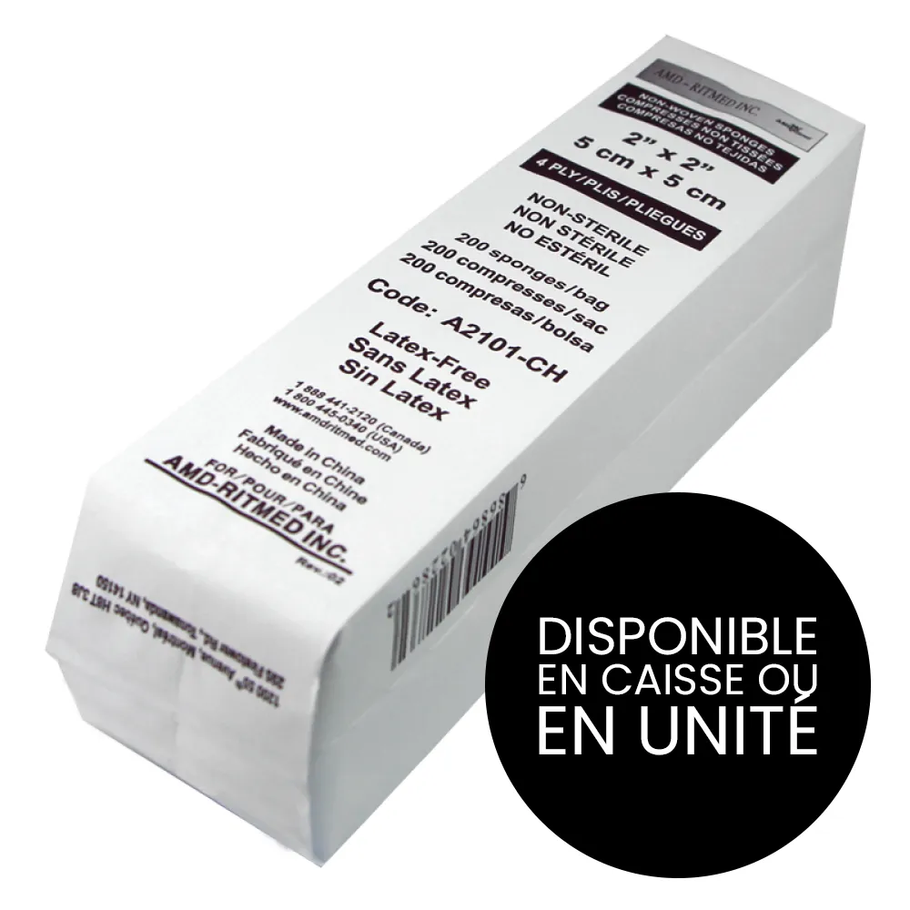 AMD Ritmed® Compresses non-tissées tout usage - 4 épaisseurs  2" x 2"(200) - Blanc (Caisse de 25)