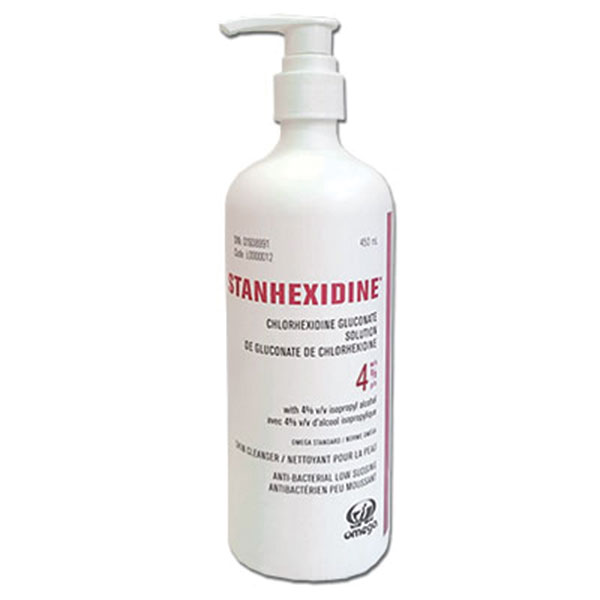 OMEGA® STANHEXIDINE® Solution de gluconate de chlorhexidine CHG 4% + IPA 4% (Bouteille rouge) - Pompe - 450 ml
