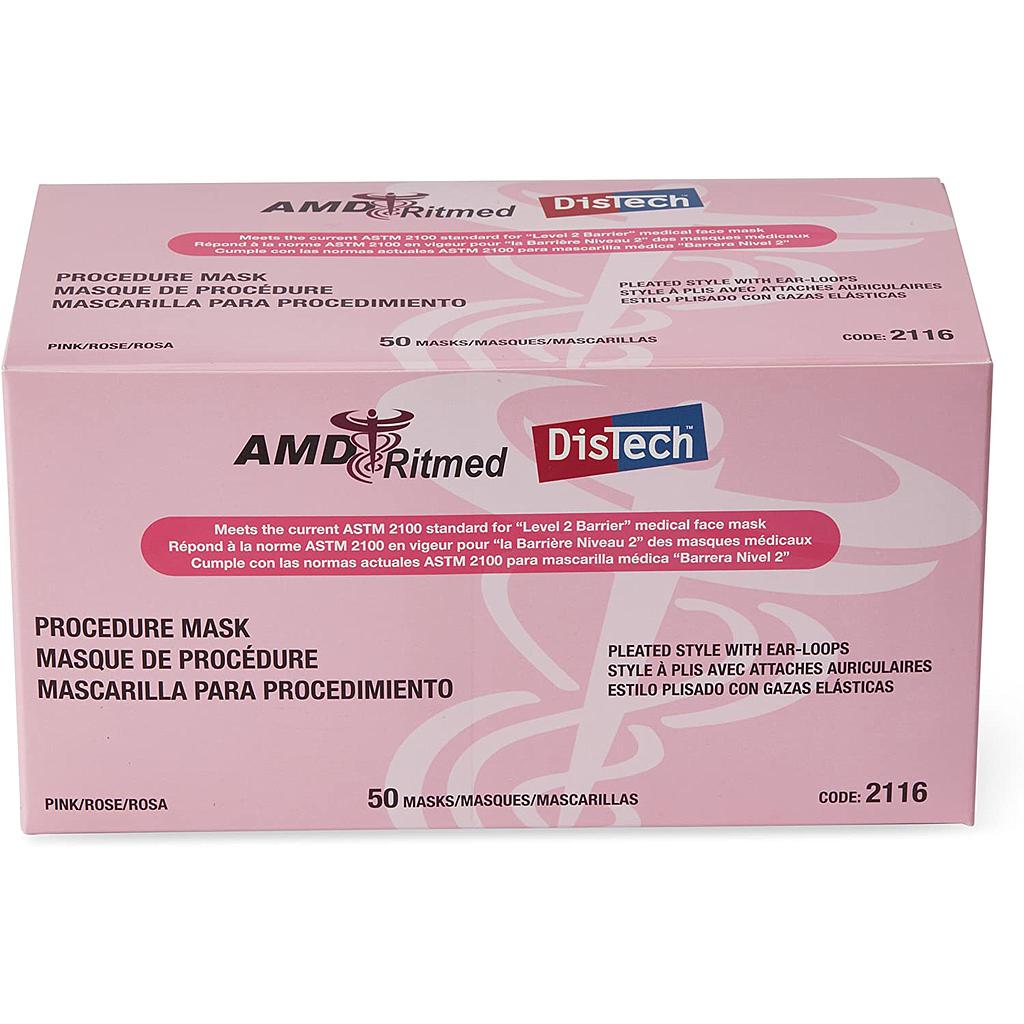 MEDICOM® Distech™ Pleated Style With Ear-Loops Masks (50) Pink (Level 2)