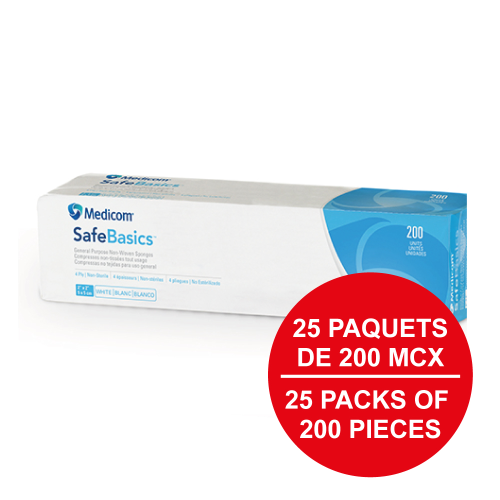 [5MED2101-CH-25] MEDICOM SafeBasics® Compresses non-tissées tout usage - 4 épaisseurs (Caisse de 25 paq.) 2" x 2" - Blanc