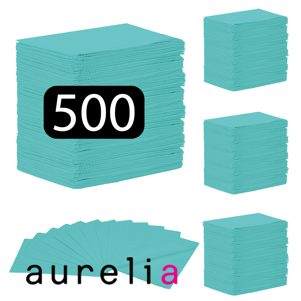 [52007] AURELIA - Bavettes (3 plis) 2 plis de papier & 1 pli de polyéthylène (500) AQUA